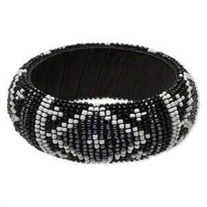 Hand Crafted India Beaded Bangle Bracelet Black Gunmetal White Tribal Fair Trade